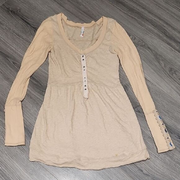Free People Tan Embroidered Sleeve Cotton Shirt - Picture 1 of 7